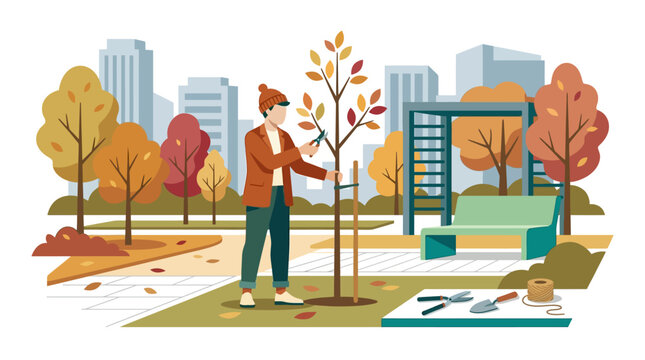 Flat vector illustration of a man pruning a young sapling in a city park during autumn, featuring fall foliage, gardening tools, a park bench, and urban skyline buildings.