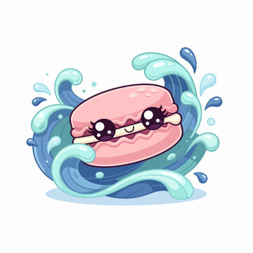 Cute macaron pastry with toothpick and animated water splash