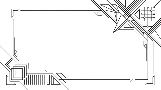 Futuristic technological vector frame featuring sharp intersecting lines, layered square corners, and abstract circuit grid matrix elements, ideal for digital presentations and software interface mock