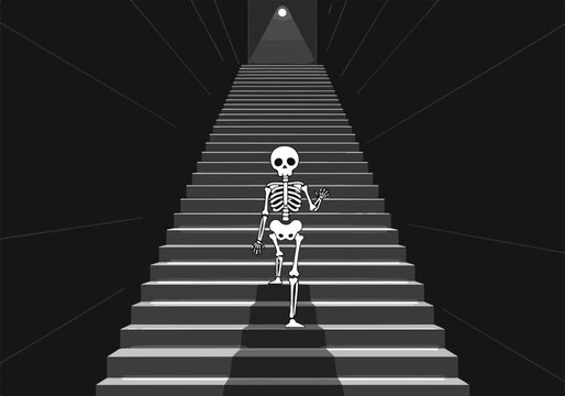 A skeleton ascends a long staircase towards a light