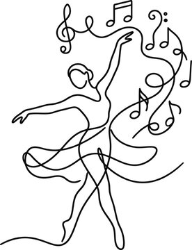 Continuous line art drawing of a dancing ballerina with musical notes.
