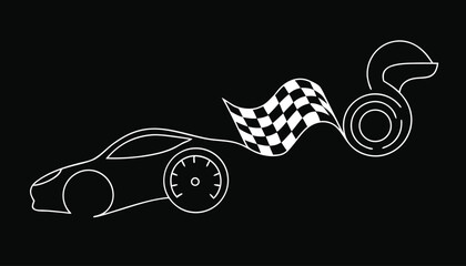 Sports car with speedometer and checkered flag trailing, representing speed and winning © Sadhin07