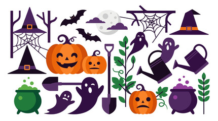 Obraz premium Flat Halloween vector illustration set containing carved jack-o'-lantern pumpkins, purple witch hats, ghosts, bats, spider webs, cauldrons with potion, and gardening tools.