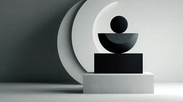 Abstract geometric shapes balanced on pedestals, minimalist composition with textured spheres and crescent moon