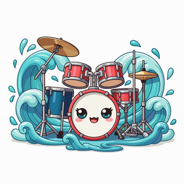 Cute cartoon drum set with water splash and smiling bass drum