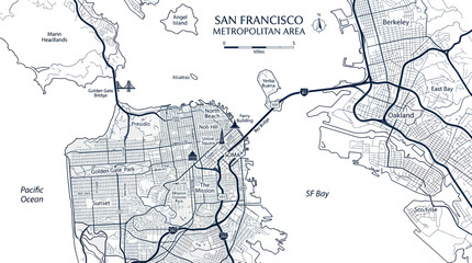 San Francisco Metropolitan Area Map: Bay Area Cities, Roads, Ocean, and Bay © askew