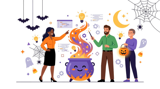 Diverse professional team collaborating around a magical smiling Halloween cauldron with flames, floating light bulbs, computer code, bats, ghosts, and spider webs on white background.