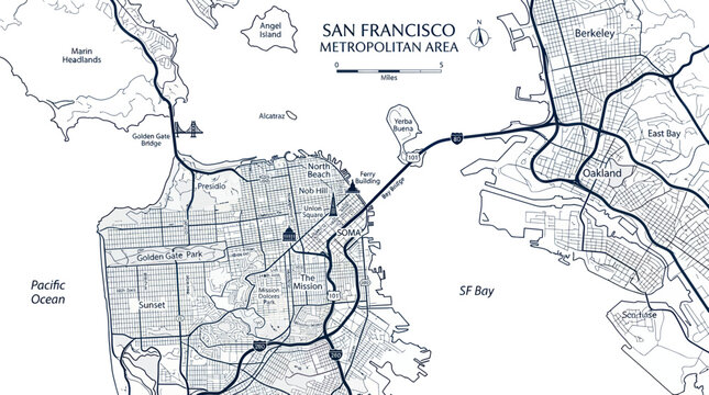 San Francisco Metropolitan Area Map: Bay Area Cities, Roads, Ocean, and Bay