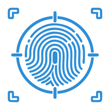 Blue fingerprint icon with target and corner markers