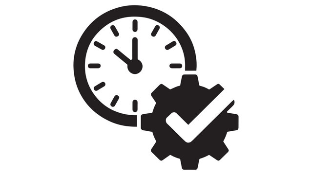 Time management vector icon with round clock face and check mark inside a gear wheel