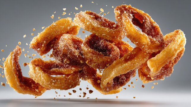 Crispy golden pork rinds levitating in mid air with dynamic crumbs splashing against a clean minimalist grey studio background for high end culinary advertising
