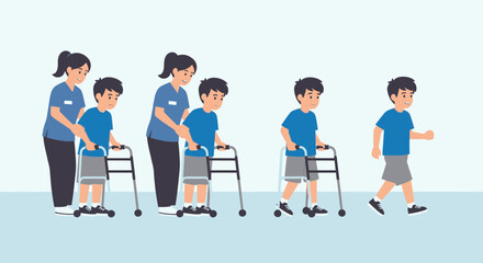 Obraz premium Child's Rehabilitation: Learning to Walk with Medical Support and Aids
