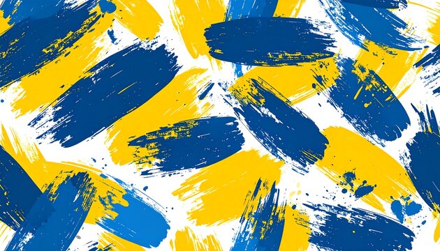 Abstract background featuring dynamic brushstrokes of blue and yellow hues against a clean white backdrop, creating a vibrant pattern