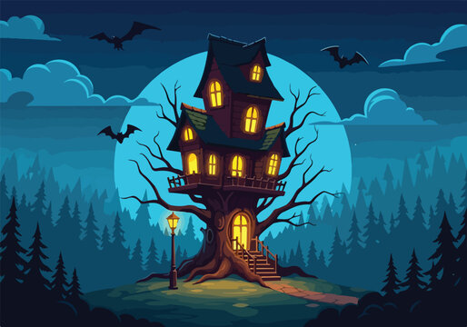 A spooky treehouse with glowing windows at night