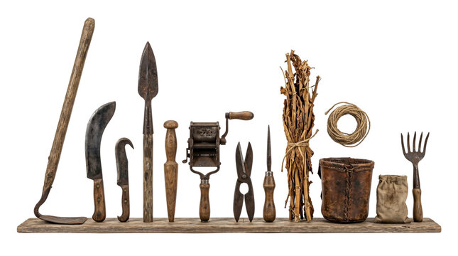 Vintage gardening tools collection, rustic antique farm equipment set, weathered wood and rusty metal garden implements for horticulture and landscaping isolated PNG with Transparent Background