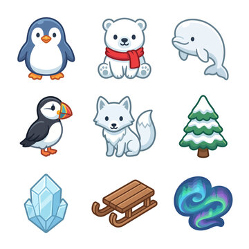 Cartoon Arctic Animals and Objects.