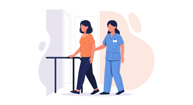Nurse assisting patient with physical therapy using parallel bars
