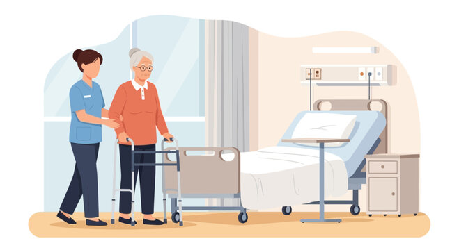 Nurse Assists Elderly Patient Walking with Walker in Hospital Room