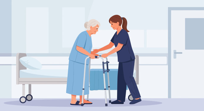 Nurse assists elderly patient with walker in hospital room, healthcare concept