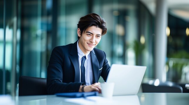 オフィスでノートパソコンを操作するスーツを着た爽やかな笑顔の日本人男性モデル・ビジネスマンのポートレート。