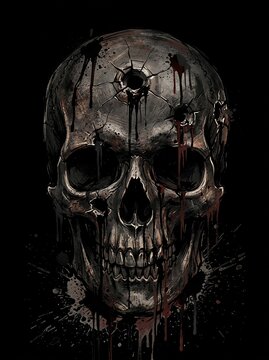 Gritty Human Skull with Bullet Hole and Blood Splatters on Black Background.