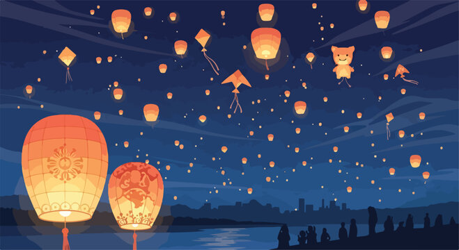 A serene nighttime scene with lanterns and a cartoon character