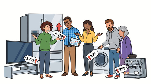 Illustration of four people discussing prices of household appliances like refrigerator and washing machine with price tags in a colorful flat lay composition with a clean white background.