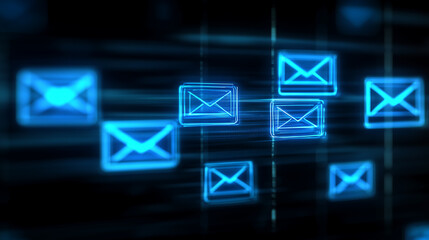 Fototapeta premium Abstract digital background featuring glowing blue email icons floating in dark cyberspace.