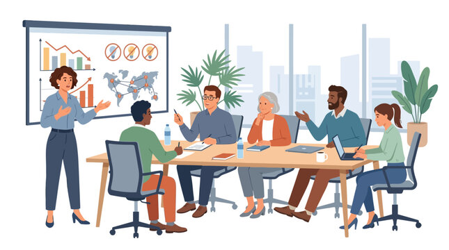 Diverse group of business professionals engaged in a meeting with a presenter standing by a projector screen in a modern office setting with a cityscape background.