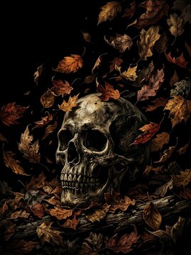 Human skull surrounded by autumn leaves in a dark mysterious forest setting.