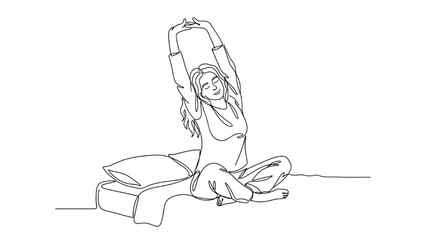 Obraz premium Black Continuous Line Art of Person Stretching After Waking Up – Healthy Morning Relaxation and Wellness Illustration