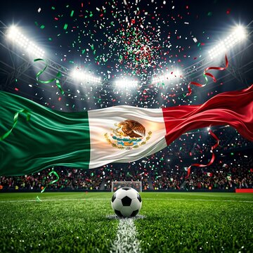 Mexican flag waving on soccer field with ball