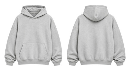 A mockup template of a blank dark gray oversized pullover sweatshirt shown from both the front and back views. Isolated on transparent background, © Abdur