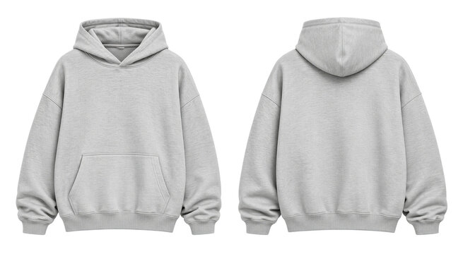 A mockup template of a blank dark gray oversized pullover sweatshirt shown from both the front and back views. Isolated on transparent background,
