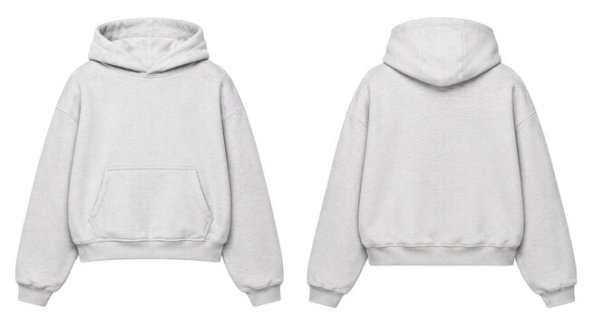 A mockup template of a blank light gray oversized pullover sweatshirt shown from both the front and back views. Isolated on transparent background,