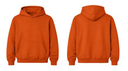 A mockup template of a blank orange oversized pullover sweatshirt shown from both the front and back views. Isolated on transparent background, © Abdur