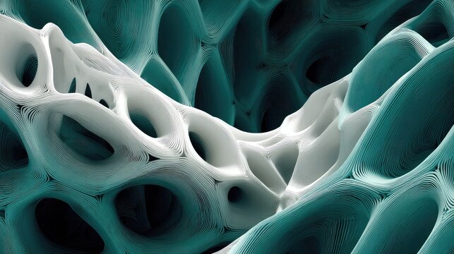 Interlocking 3D abstract bone forms in teal and white minimalist texture close-up
