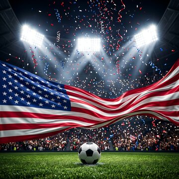 American soccer celebration with flag and ball