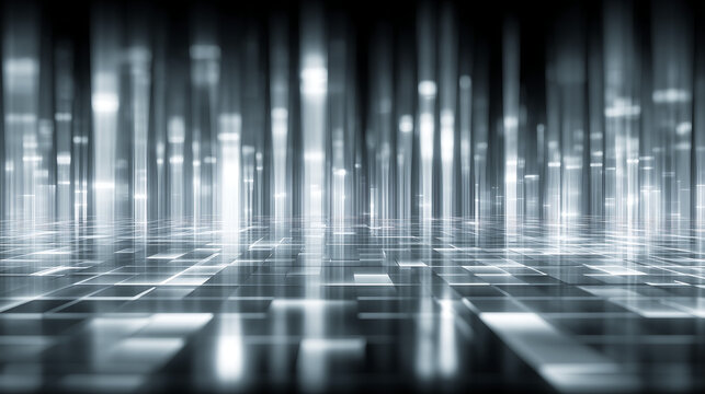 Abstract digital background with glowing vertical light streaks and reflective geometric floor.