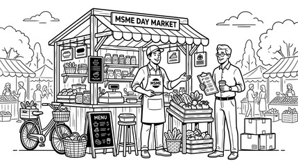 Obraz premium MSME Day Market: Entrepreneur selling goods to customer at outdoor stall, small business concept