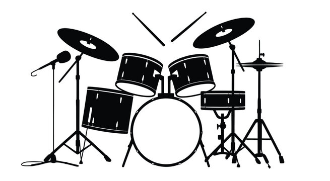Drum Set Illustration, Complete Drum Kit with Cymbals, Drumsticks, Bass Drum, Snare, and Toms Isolated on White Background, Perfect for Music Performance Concepts, Band Equipment Graphics, Concert Pro