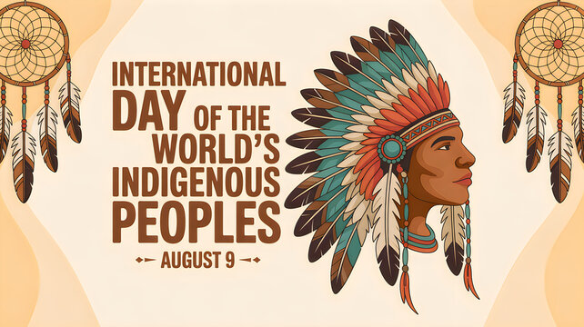 International day of the world indigenous peoples illustration with native american warrior and dreamcatchers