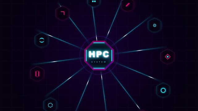 High performance computing system animation showing central HPC hub connecting data nodes with neon glowing lines.