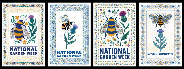 Obraz premium National Garden Week Vintage Botanical Card Collection with Garden Wildlife