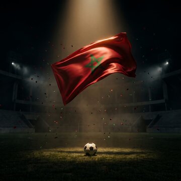 Moroccan flag waving in soccer stadium with ball