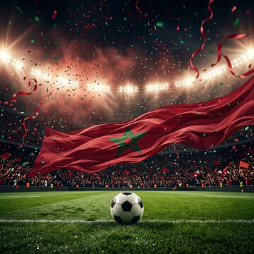 Moroccan soccer stadium celebration with flag