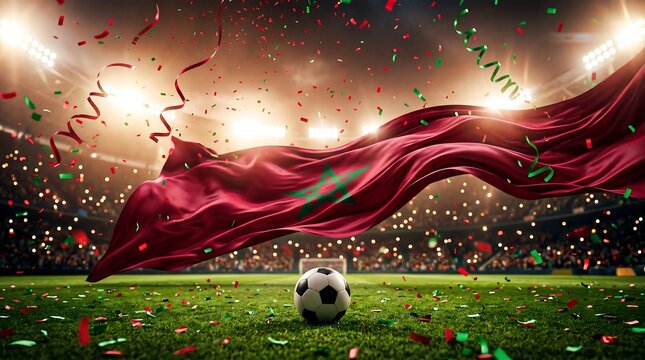 Moroccan flag waving on soccer field with ball