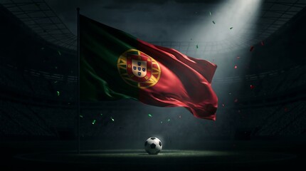 Naklejka premium Portugal flag waving in soccer stadium with ball