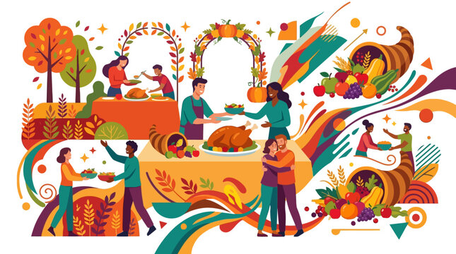 Flat vector illustration of people celebrating Thanksgiving with roast turkey, horn of plenty cornucopias, autumn trees, pumpkins, and diverse groups sharing a festive meal together.