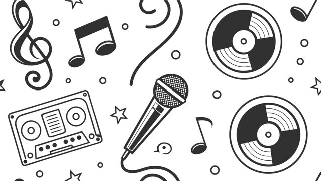 Vector illustration of musical elements including microphone vinyl records and cassette tape pattern